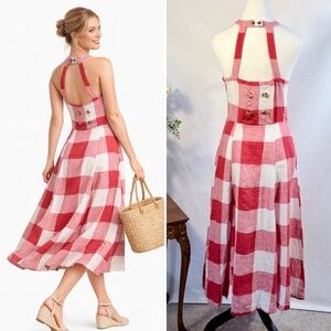 NWT Red White Picnic Gingham Linen Halter Midi Dress Open Back Pockets Sz 4🧡